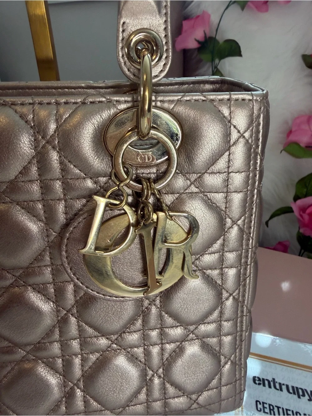Christian Dior Metallic Lambskin Cannage Medium Lady Dior Bag w/ COA